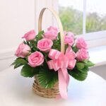 A-bouquet-of-pink-roses-in-a-basket